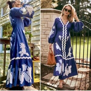 Farm Rio Embroidered Long Sleeve Linen Blue White Applique Maxi Dress